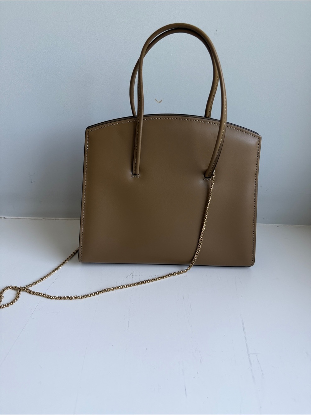 Structured Tan Leather Tote with Gold Chain Strap